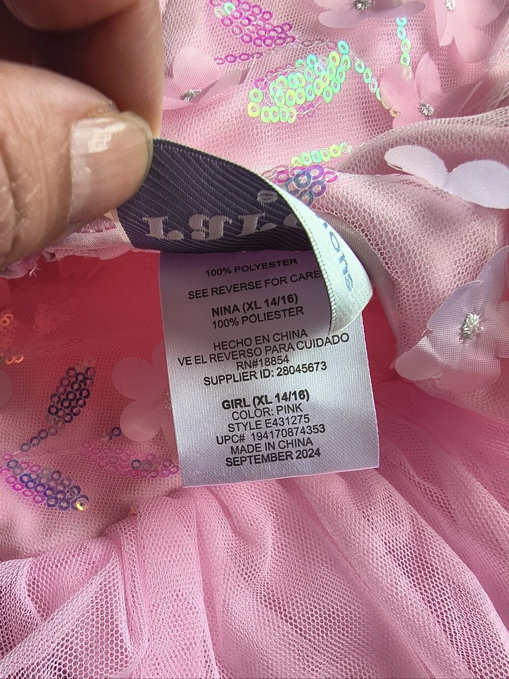 Pink Sequined Floral Tiered Tulle Dress Size XL.